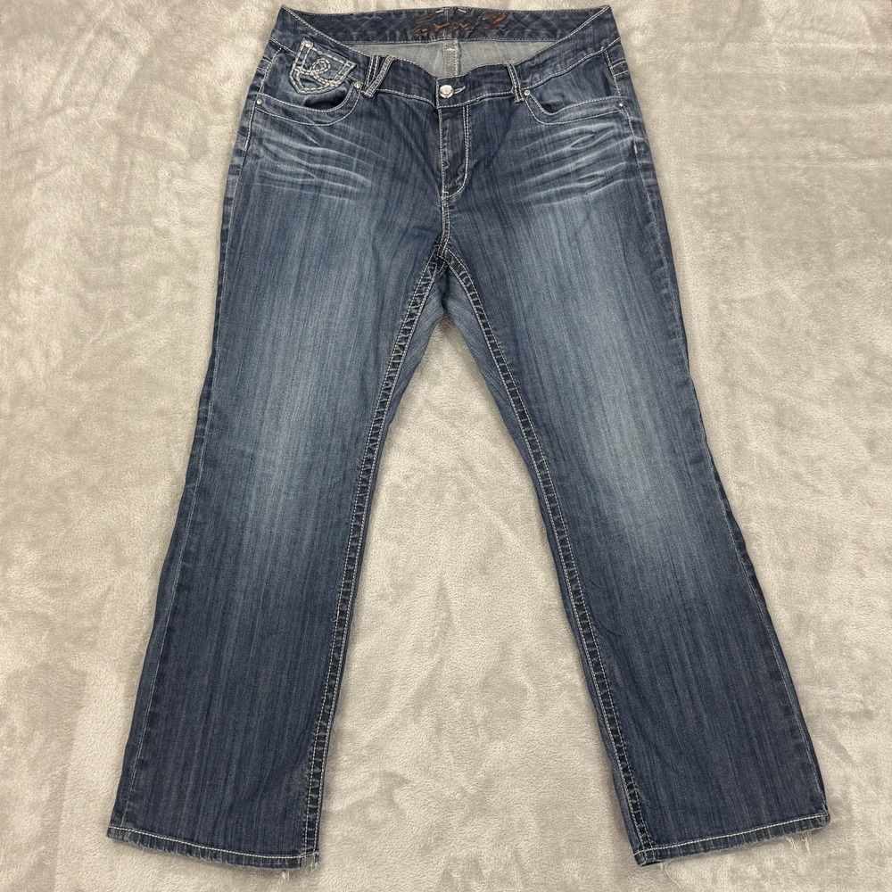 Seven7 Jeans Womens 18 Blue Bootcut Whiskered Stretch Jeweled Button Distressed‎